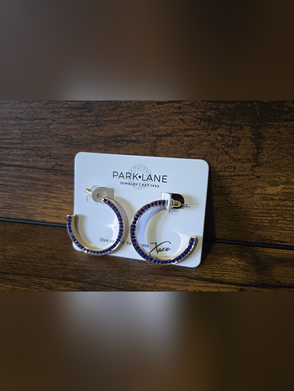 Park Lane Gold Hoops with Royal Blue Crystals